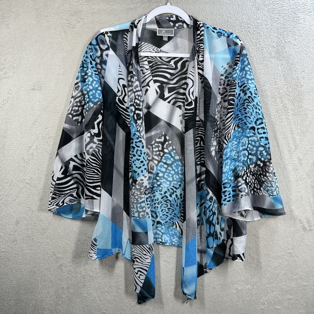 JM Collection Semi Sheer Open Front Cardigan Women's Sz L Mixed Print Artsy